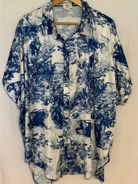 Umgee Blue Toile Print Button Down Blouse Short Sleeve High Low Satin Boho Top
